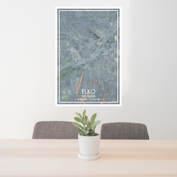 24x36 Elko Nevada Map Print Portrait Orientation in Afternoon Style Behind 2 Chairs Table and Potted Plant