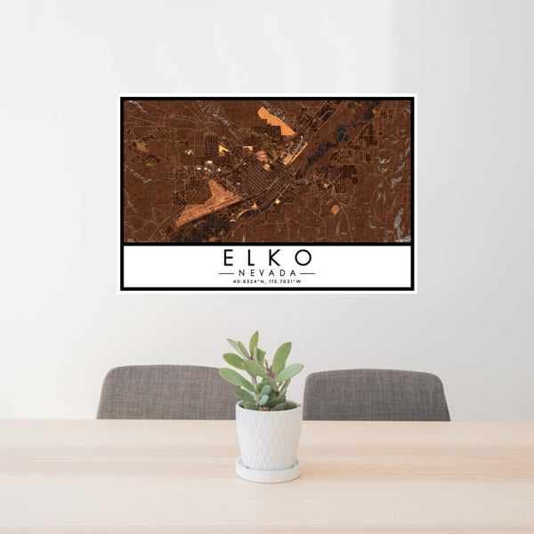 24x36 Elko Nevada Map Print Lanscape Orientation in Ember Style Behind 2 Chairs Table and Potted Plant