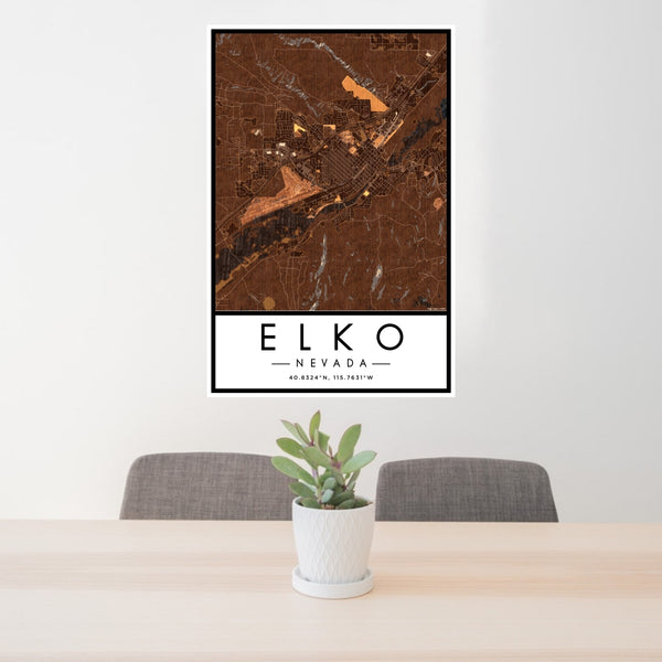 24x36 Elko Nevada Map Print Portrait Orientation in Ember Style Behind 2 Chairs Table and Potted Plant