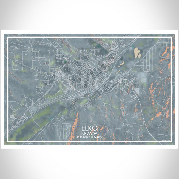 Elko Nevada Map Print Landscape Orientation in Afternoon Style With Shaded Background
