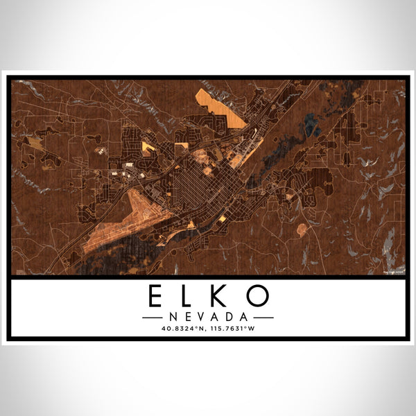 Elko Nevada Map Print Landscape Orientation in Ember Style With Shaded Background