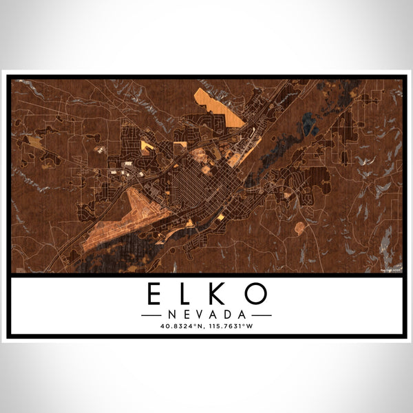 Elko Nevada Map Print Landscape Orientation in Ember Style With Shaded Background