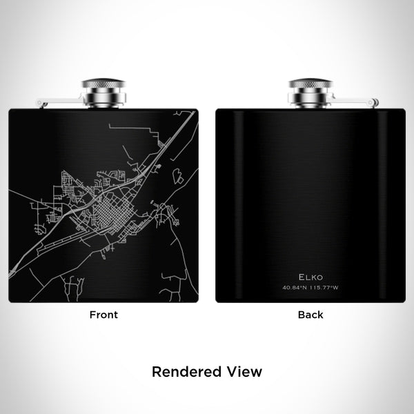 Rendered View of Elko Nevada Map Engraving on 6oz Stainless Steel Flask in Black