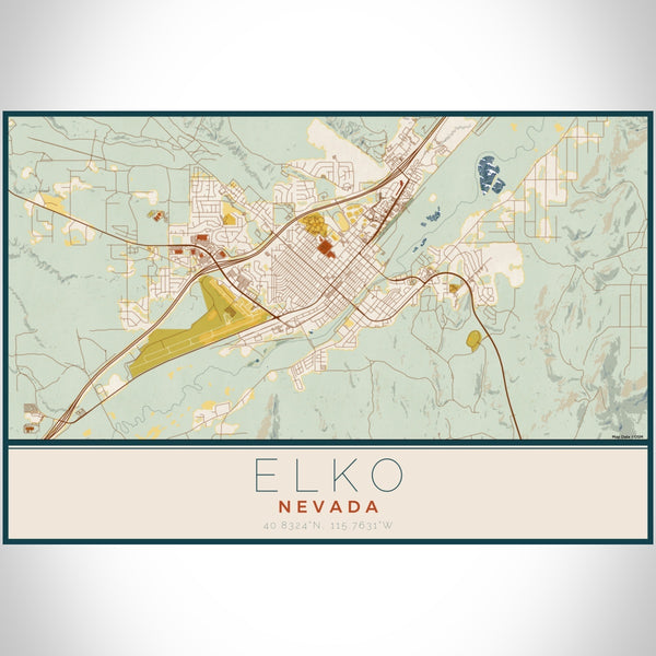 Elko Nevada Map Print Landscape Orientation in Woodblock Style With Shaded Background