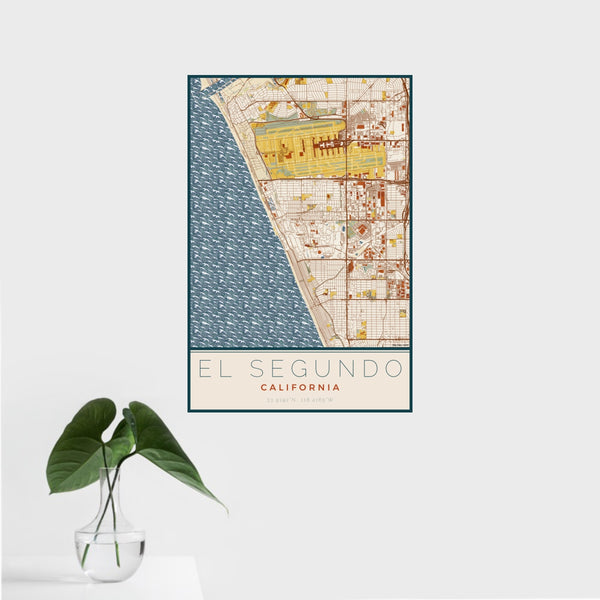 16x24 El Segundo California Map Print Portrait Orientation in Woodblock Style With Tropical Plant Leaves in Water