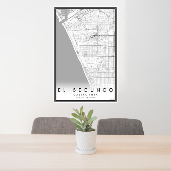 24x36 El Segundo California Map Print Portrait Orientation in Classic Style Behind 2 Chairs Table and Potted Plant