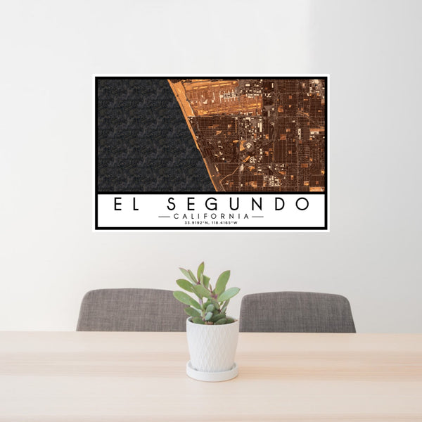 24x36 El Segundo California Map Print Lanscape Orientation in Ember Style Behind 2 Chairs Table and Potted Plant