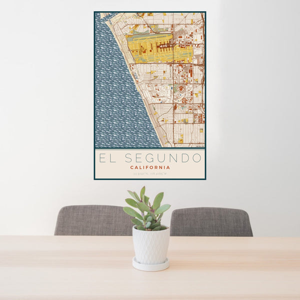 24x36 El Segundo California Map Print Portrait Orientation in Woodblock Style Behind 2 Chairs Table and Potted Plant