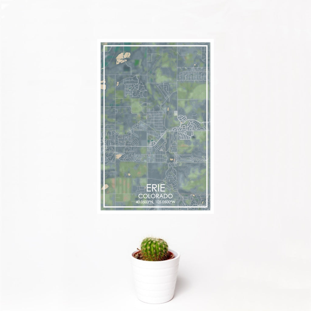 12x18 Erie Colorado Map Print Portrait Orientation in Afternoon Style With Small Cactus Plant in White Planter