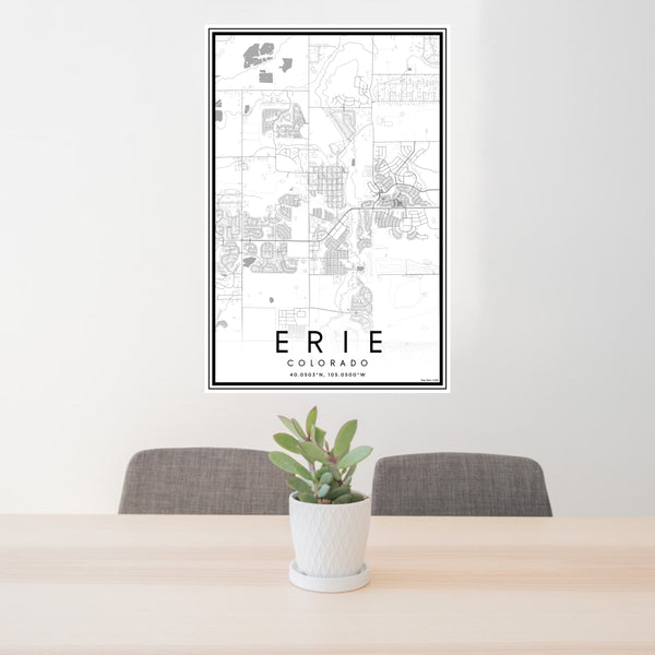 24x36 Erie Colorado Map Print Portrait Orientation in Classic Style Behind 2 Chairs Table and Potted Plant