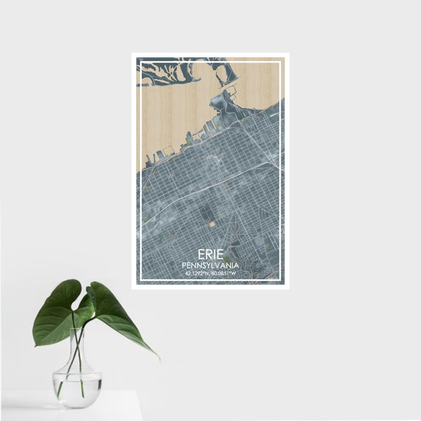 16x24 Erie Pennsylvania Map Print Portrait Orientation in Afternoon Style With Tropical Plant Leaves in Water