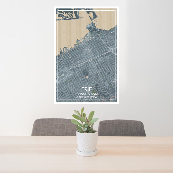 24x36 Erie Pennsylvania Map Print Portrait Orientation in Afternoon Style Behind 2 Chairs Table and Potted Plant