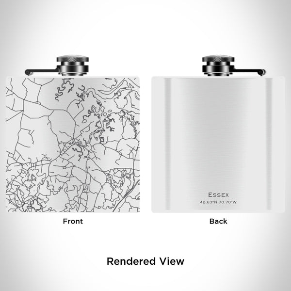 Rendered View of Essex Massachusetts Map Engraving on 6oz Stainless Steel Flask in White