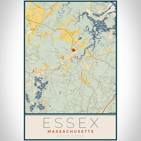 Essex Massachusetts Map Print Portrait Orientation in Woodblock Style With Shaded Background