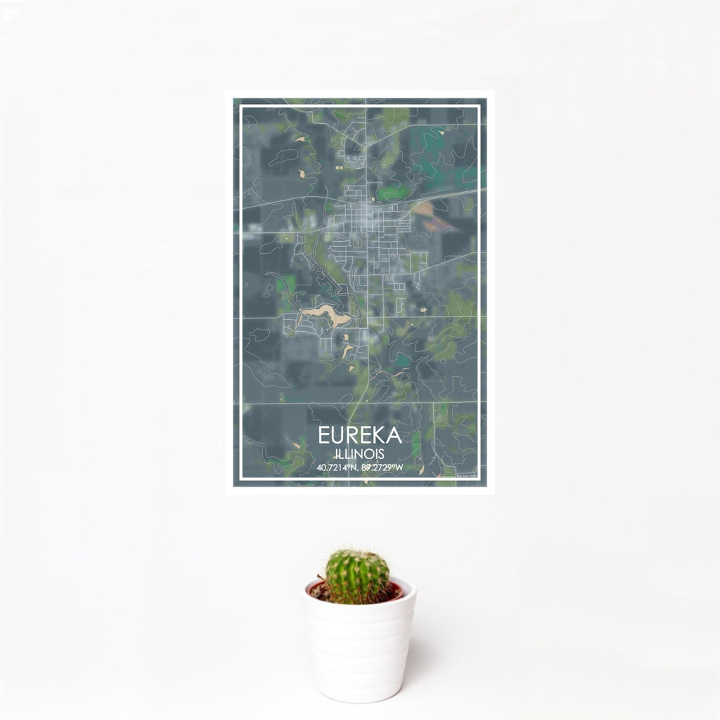 12x18 Eureka Illinois Map Print Portrait Orientation in Afternoon Style With Small Cactus Plant in White Planter