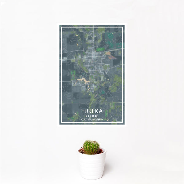12x18 Eureka Illinois Map Print Portrait Orientation in Afternoon Style With Small Cactus Plant in White Planter