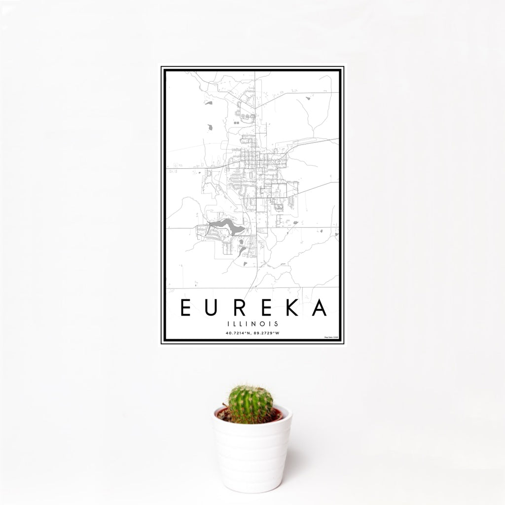 12x18 Eureka Illinois Map Print Portrait Orientation in Classic Style With Small Cactus Plant in White Planter