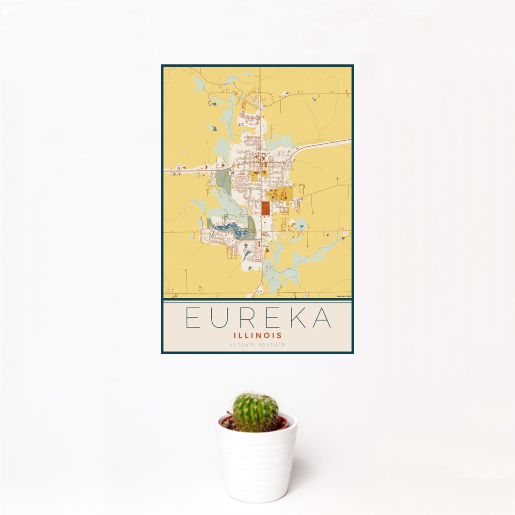12x18 Eureka Illinois Map Print Portrait Orientation in Woodblock Style With Small Cactus Plant in White Planter
