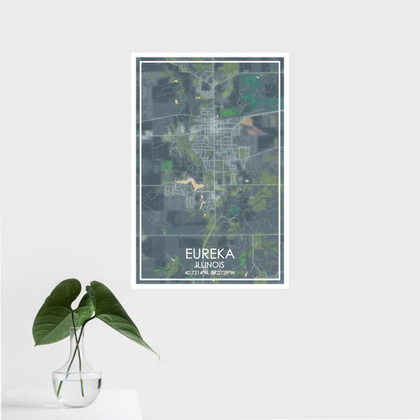 16x24 Eureka Illinois Map Print Portrait Orientation in Afternoon Style With Tropical Plant Leaves in Water