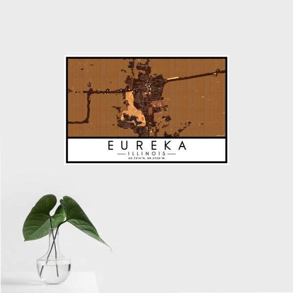 16x24 Eureka Illinois Map Print Landscape Orientation in Ember Style With Tropical Plant Leaves in Water