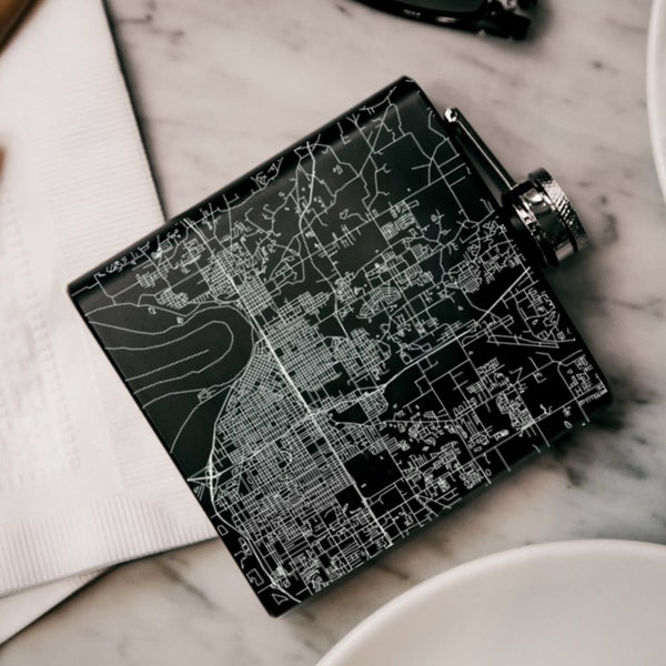 Evansville - Indiana Map Hip Flask in Matte Black