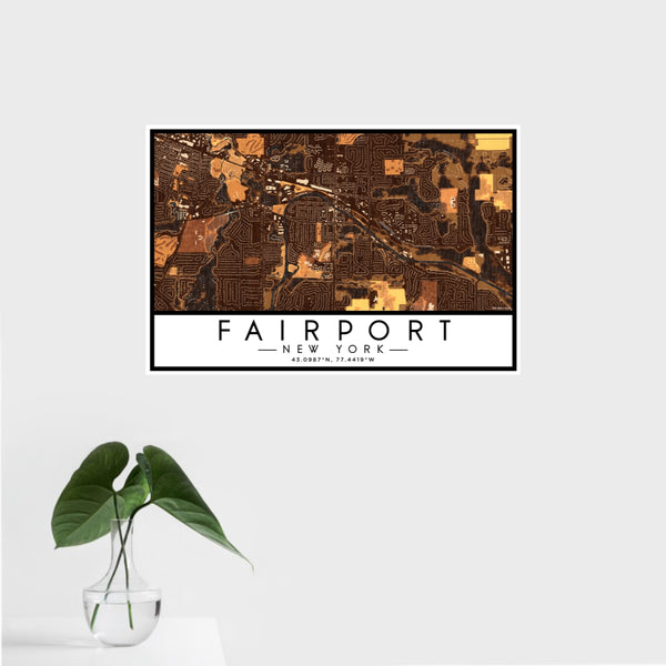 16x24 Fairport New York Map Print Landscape Orientation in Ember Style With Tropical Plant Leaves in Water