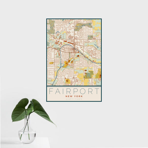 16x24 Fairport New York Map Print Portrait Orientation in Woodblock Style With Tropical Plant Leaves in Water