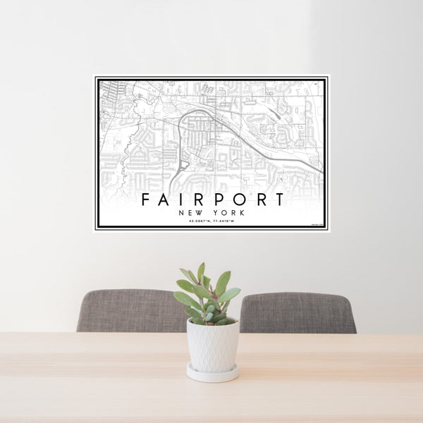 24x36 Fairport New York Map Print Lanscape Orientation in Classic Style Behind 2 Chairs Table and Potted Plant