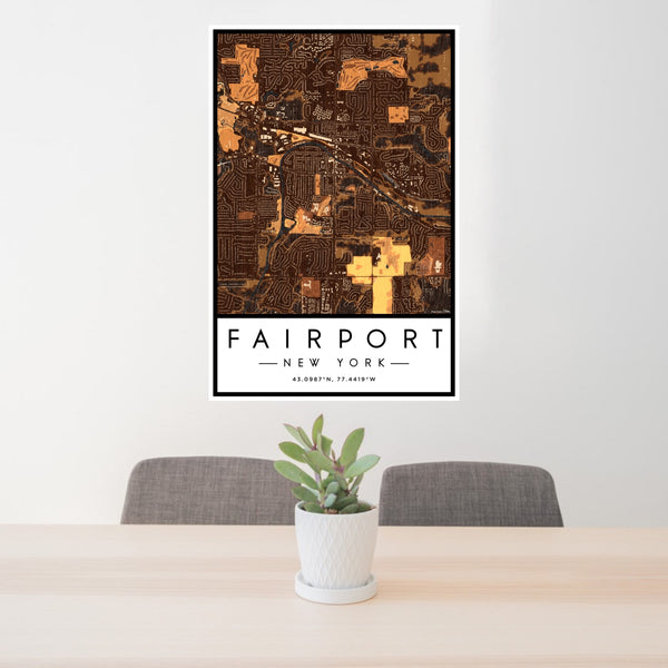 24x36 Fairport New York Map Print Portrait Orientation in Ember Style Behind 2 Chairs Table and Potted Plant