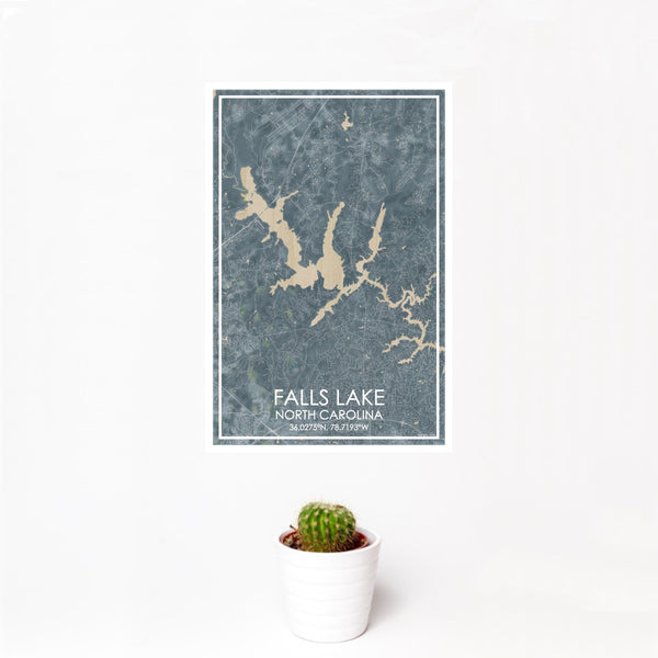 12x18 Falls Lake North Carolina Map Print Portrait Orientation in Afternoon Style With Small Cactus Plant in White Planter