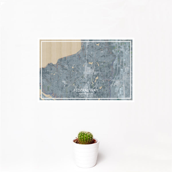 12x18 Federal Way Washington Map Print Landscape Orientation in Afternoon Style With Small Cactus Plant in White Planter