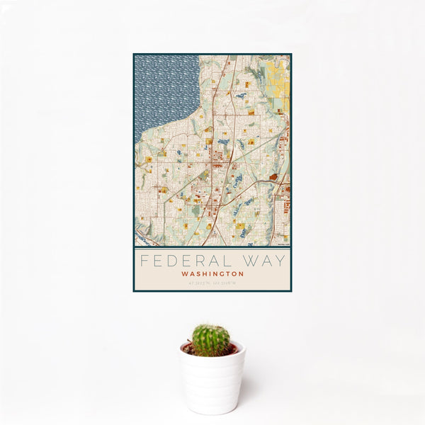 12x18 Federal Way Washington Map Print Portrait Orientation in Woodblock Style With Small Cactus Plant in White Planter