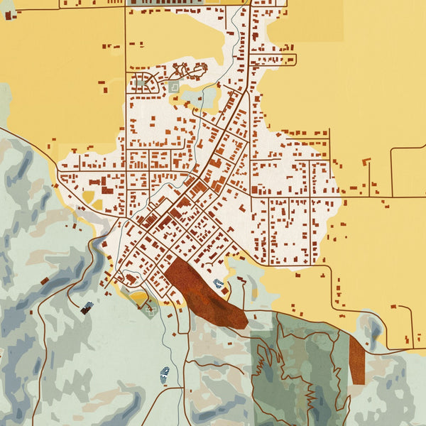 Ferndale California Map Print in Woodblock Style Zoomed In Close Up Showing Details