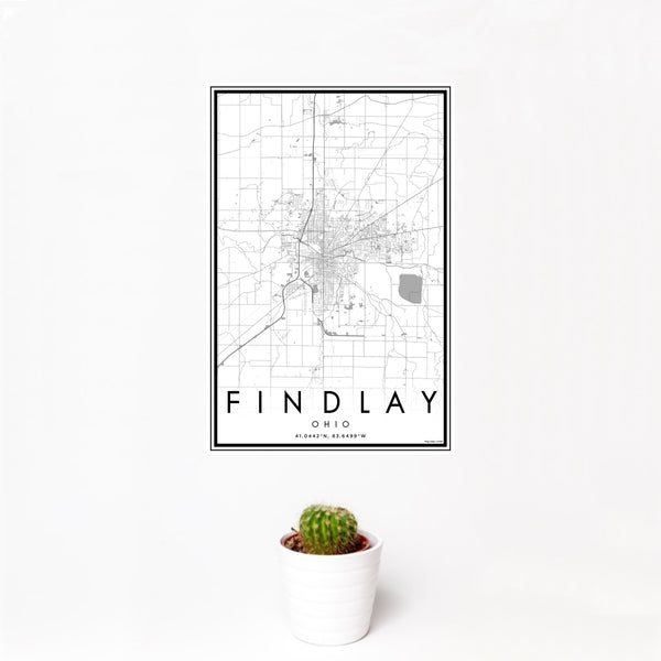 12x18 Findlay Ohio Map Print Portrait Orientation in Classic Style With Small Cactus Plant in White Planter