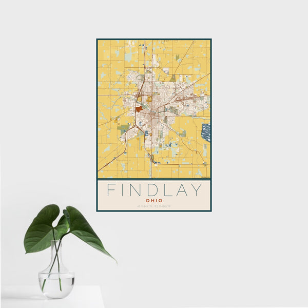 16x24 Findlay Ohio Map Print Portrait Orientation in Woodblock Style With Tropical Plant Leaves in Water