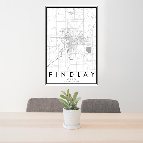 24x36 Findlay Ohio Map Print Portrait Orientation in Classic Style Behind 2 Chairs Table and Potted Plant