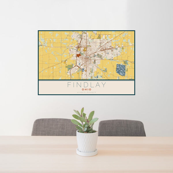 24x36 Findlay Ohio Map Print Lanscape Orientation in Woodblock Style Behind 2 Chairs Table and Potted Plant