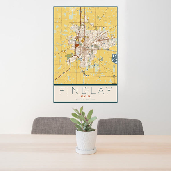 24x36 Findlay Ohio Map Print Portrait Orientation in Woodblock Style Behind 2 Chairs Table and Potted Plant