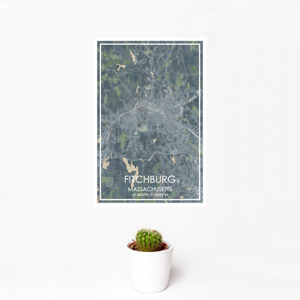 12x18 Fitchburg Massachusetts Map Print Portrait Orientation in Afternoon Style With Small Cactus Plant in White Planter