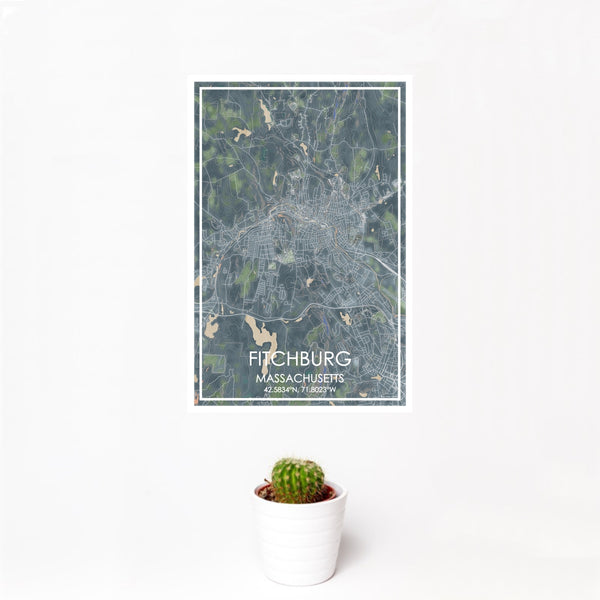 12x18 Fitchburg Massachusetts Map Print Portrait Orientation in Afternoon Style With Small Cactus Plant in White Planter