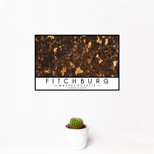 12x18 Fitchburg Massachusetts Map Print Landscape Orientation in Ember Style With Small Cactus Plant in White Planter