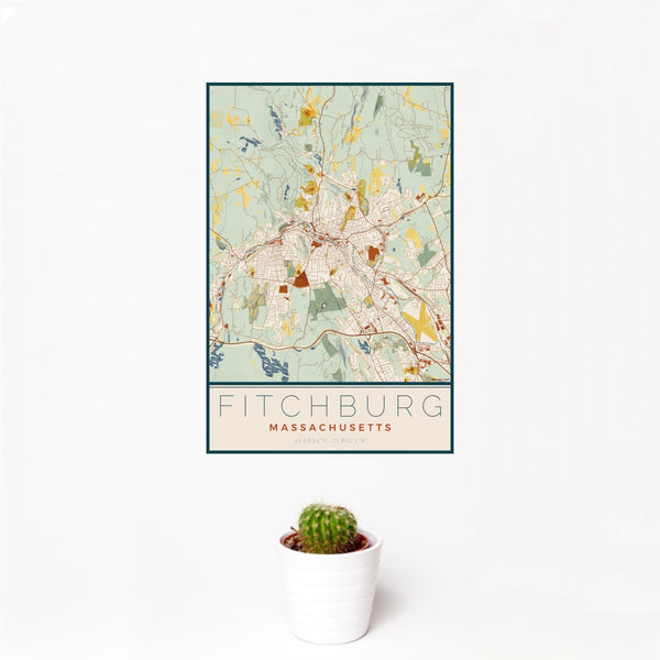 12x18 Fitchburg Massachusetts Map Print Portrait Orientation in Woodblock Style With Small Cactus Plant in White Planter