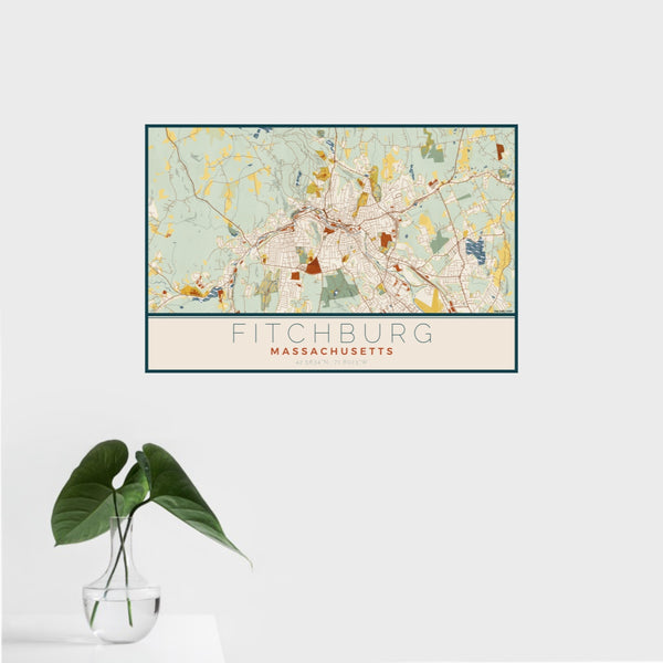 16x24 Fitchburg Massachusetts Map Print Landscape Orientation in Woodblock Style With Tropical Plant Leaves in Water