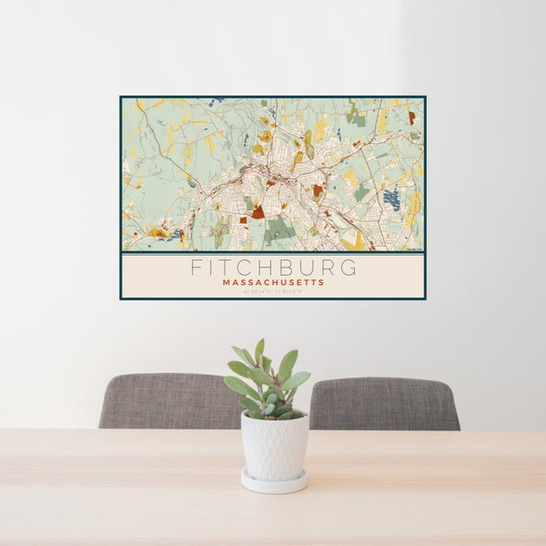 24x36 Fitchburg Massachusetts Map Print Lanscape Orientation in Woodblock Style Behind 2 Chairs Table and Potted Plant