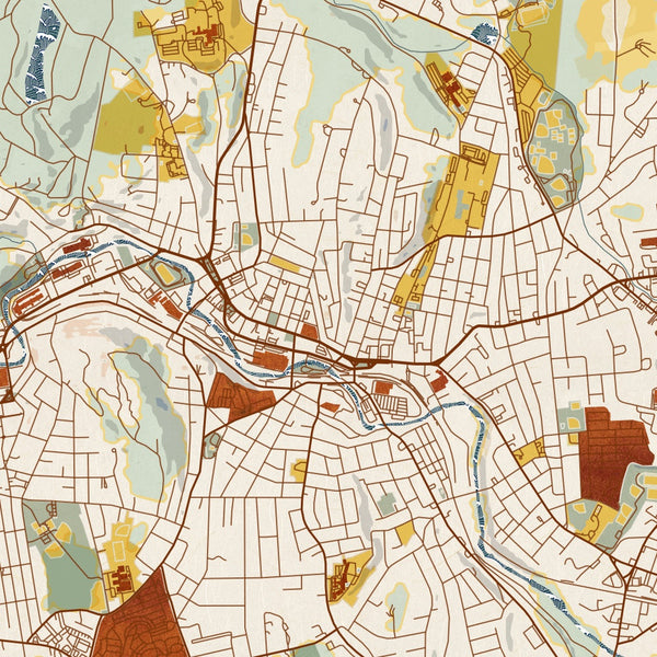 Fitchburg Massachusetts Map Print in Woodblock Style Zoomed In Close Up Showing Details