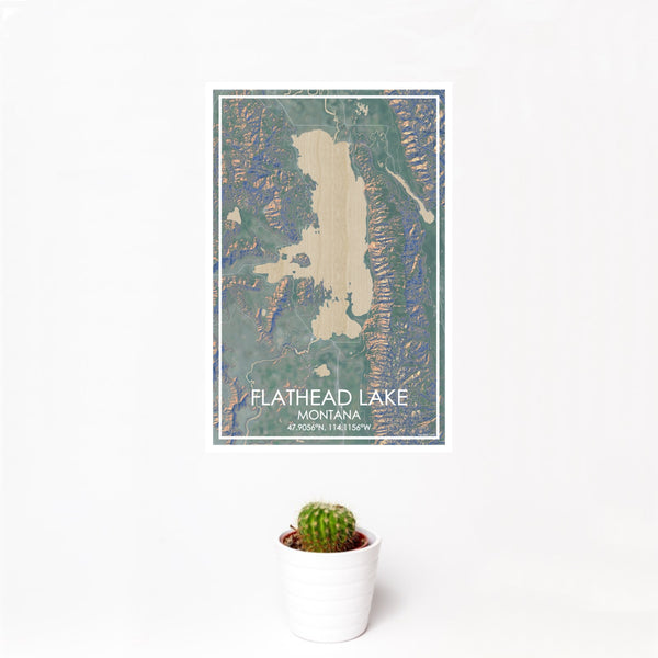 12x18 Flathead Lake Montana Map Print Portrait Orientation in Afternoon Style With Small Cactus Plant in White Planter