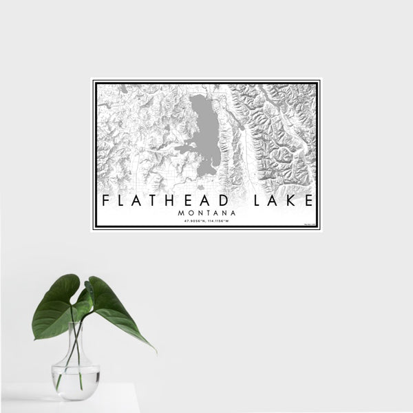 16x24 Flathead Lake Montana Map Print Landscape Orientation in Classic Style With Tropical Plant Leaves in Water