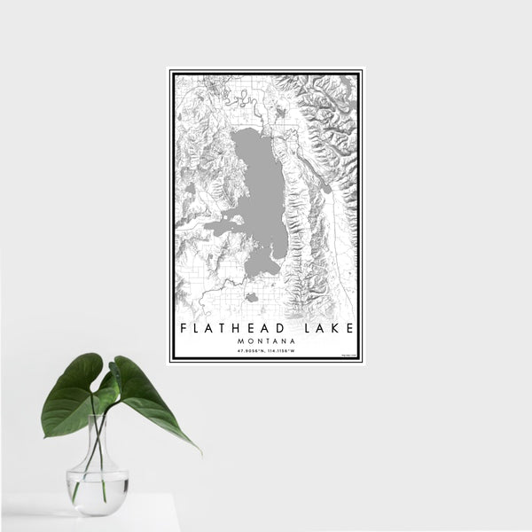 16x24 Flathead Lake Montana Map Print Portrait Orientation in Classic Style With Tropical Plant Leaves in Water