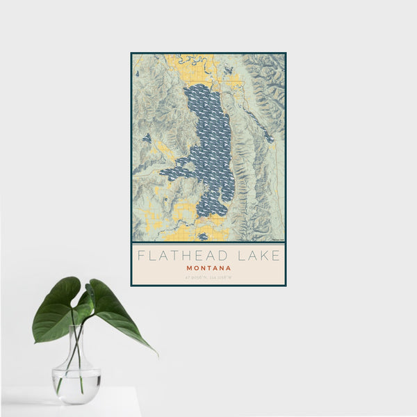 16x24 Flathead Lake Montana Map Print Portrait Orientation in Woodblock Style With Tropical Plant Leaves in Water