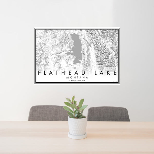 24x36 Flathead Lake Montana Map Print Lanscape Orientation in Classic Style Behind 2 Chairs Table and Potted Plant